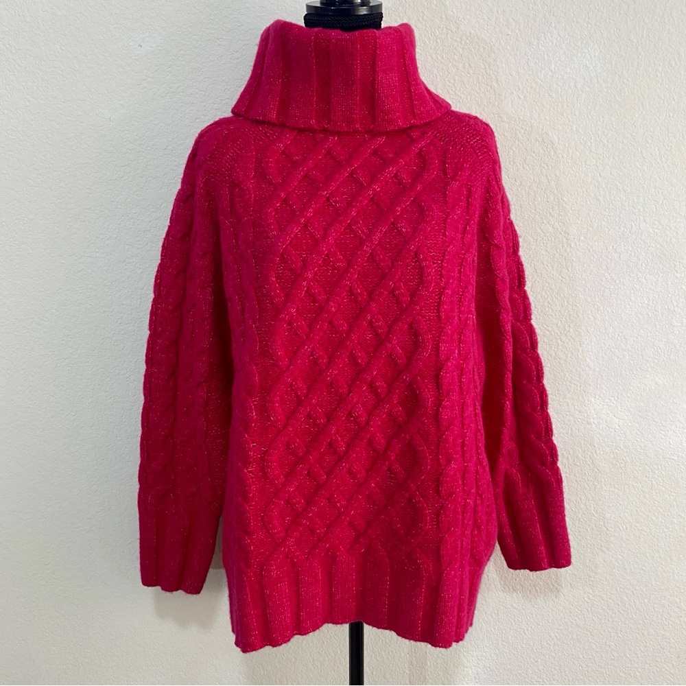 NWT Banana Republic Cesta Oversized Cable Knit Turtleneck Magenta Pink M $200
